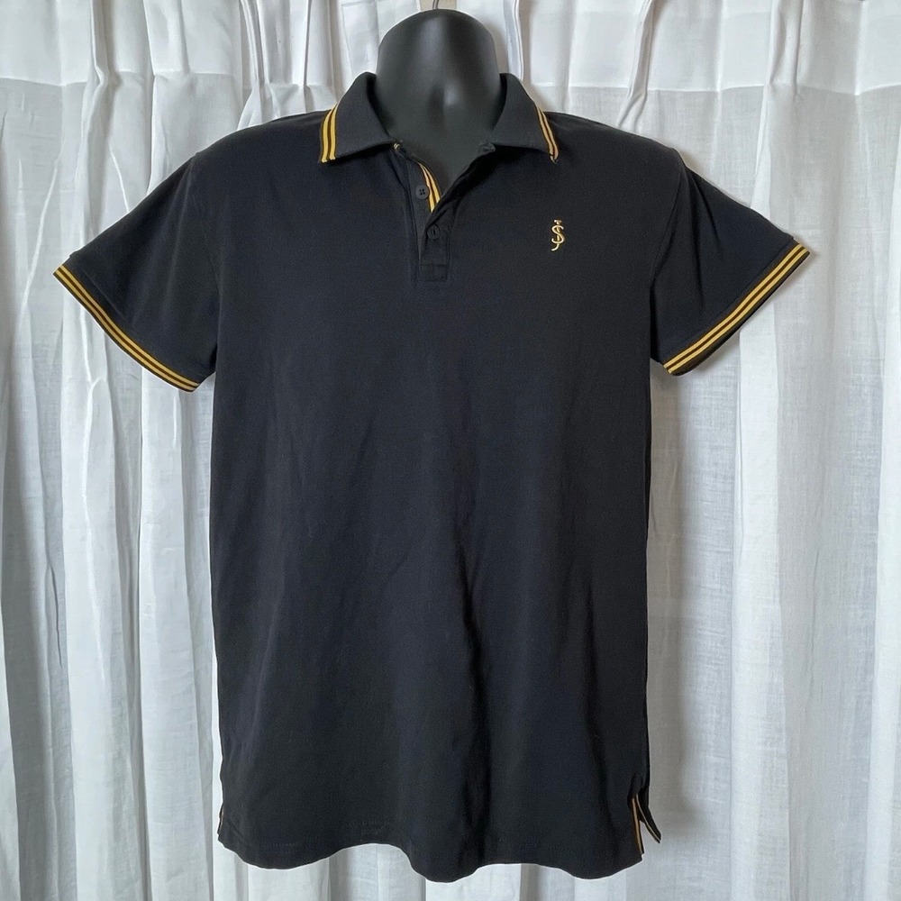 Scott James Polo Shirt Mens M Tipped Trim Cotton Spandex Black Yellow Solid